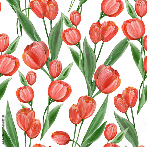 Red tulips with green leaves on a white background. Floral print. Seamless pattern. Watercolor illustration. For textiles, packaging.