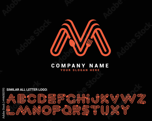 M Food Letter logo, M spoon letter logo,food letter logo set, food alphabet