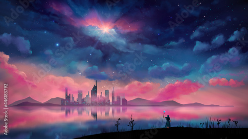 Magician, wizard standing in landscape. City and hill reflection on water with overcast night sky. Digital painting, 3D rendering