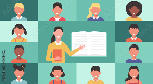 back to school online concept, distance-learning or online education, home school with woman teacher teaching young students on screen, vector flat illustration