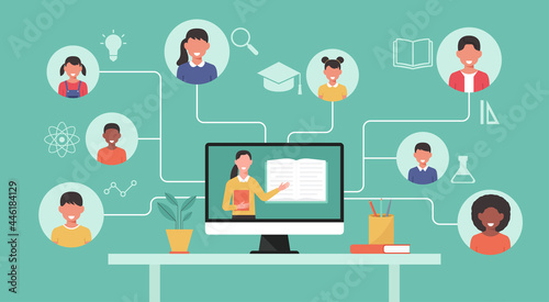 back to school online, distance-learning or online education concept, home school with woman teacher teaching young students via computer screen with icon, vector flat illustration