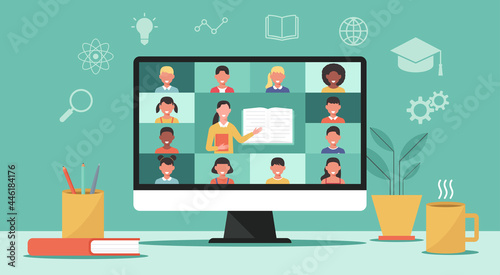 back to school online concept, distance learning or online education, home school with woman teacher teaching young students via computer screen, vector flat illustration