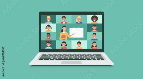 back to school online concept, distance-learning or online education, home school with woman teacher teaching young students via laptop screen, vector flat illustration