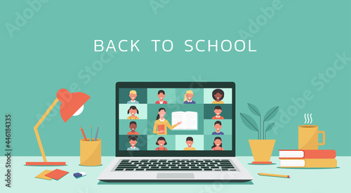 back to school online concept, distance learning or online education, home school with woman teacher teaching young students via laptop computer screen, vector flat illustration