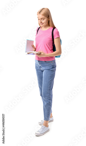 Female student on white bac...