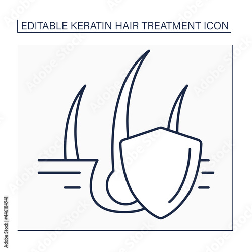 Hair strengthening line icon. Strength hair with shampoo and vitamins. Protection from baldness.Preserving hair follicles. Beauty procedure concept. Isolated vector illustration. Editable stroke