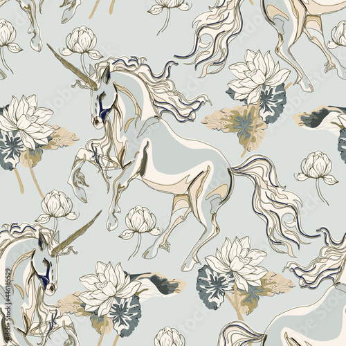 Unicorn and lotus flowers seamless vector pattern.