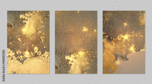 Marble set of gold and gray backgrounds with texture. Geode pattern with glitter. Abstract vector backdrops in fluid art alcohol ink technique. Modern paint with sparkles for banner, poster