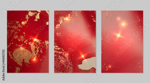 Marble set of gold and ruby red backgrounds with texture. Geode pattern with glitter. Abstract vector backdrops in fluid art alcohol ink technique. Modern paint with sparkles for banner, poster