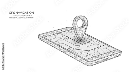 Global Positioning System low poly art. Polygonal vector illustration of mobile gps navigation on a white background. Smartphone and pointer on the map futuristic concept.