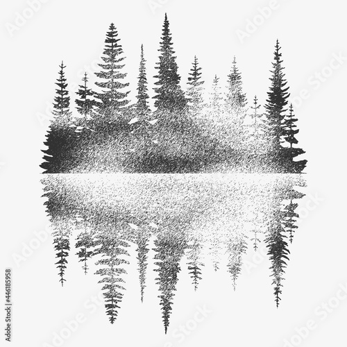 Coniferous forest reflected in water, black and white landscape	
