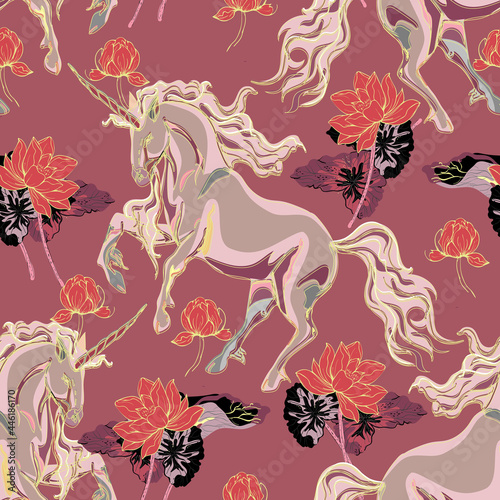 Unicorn and lotus flowers seamless pattern.