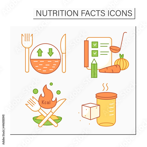 Nutrition facts color icons set. Serving size, ingredient, calories, sugar alcohols. Nutrition facts concept.Isolated vector illustrations