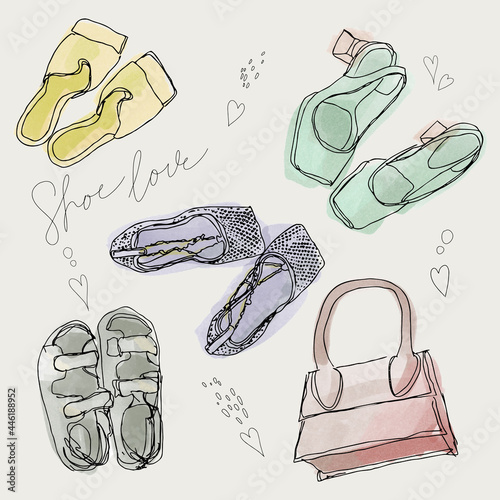 Set of isolated sketches of woman shoes. Hand drawn peep toe and stiletto. Footwear and lady clothing, vogue theme.