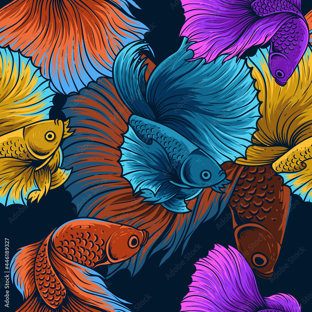 Fototapeta premium vintage betta fish seamless pattern