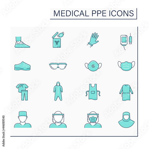 Medical PPE color icons set. Personal protective equipment. Barrier between person and germs. Health protections concept. Isolated vector illustrations