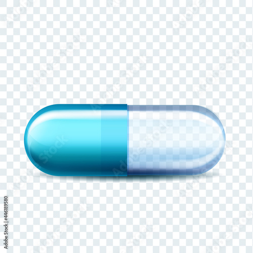 Medical Capsule Pill Disease Treatment Vector. Pharmaceutical Transparent Medicine Capsule With Antibiotic Or Aspirin. Pharmacy Pain Killer Healthcare Drug Template Realistic 3d Illustration