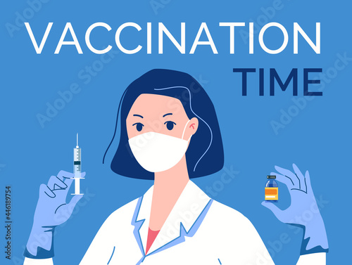 Doctor in mask, latex gloves with syringe and vaccine in his hands. Vaccination time. Vector illustration. Cartoon. Flat.