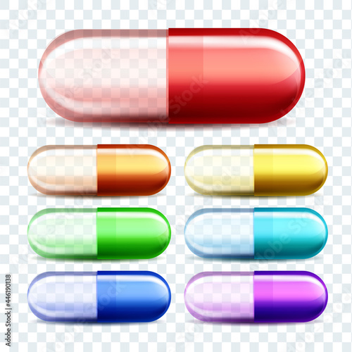 Medical Capsules Pills Different Color Set Vector. Collection Of Multicolored Pharmaceutical Transparent Medicine Capsules. Painkiller Health Care Drug Template Realistic 3d Illustrations