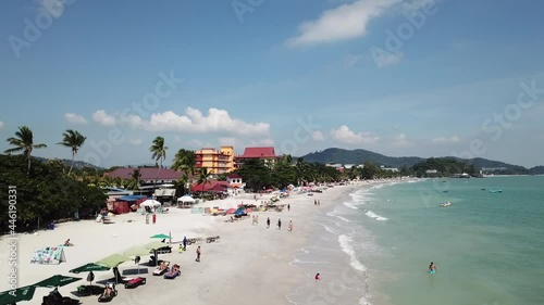 Cenang Beach tropical drone view on Langkawi Island with hotels and the sea