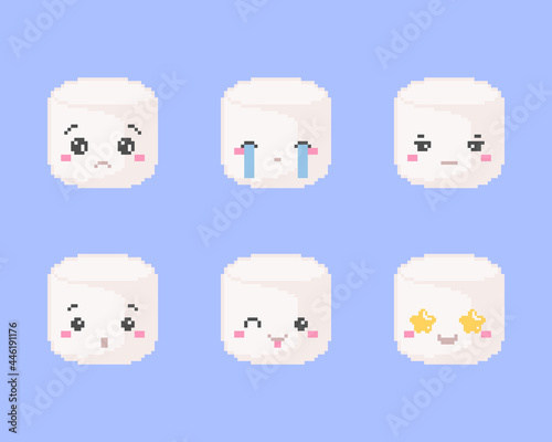 Pixel art marshmallows emoji set. Vector 8 bit kawaii retro sweets illustration. 