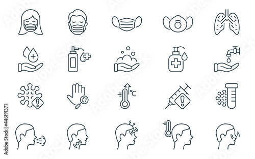 Coronavirus and Flu Linear Icon Set. Coronavirus Symptoms, Safety, Mask Protection, Prevention and Flu Disease Pictogram. Washing Hand and Sanitizer Icon. Editable stroke. Vector illustration