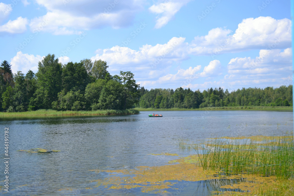 Beautiful landscape with lake in sunny summer day. Northwest Europe. Eco-tourism. Horizontal view. Wallpaper.  