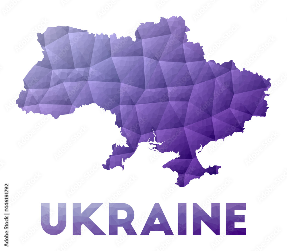 Map of Ukraine. Low poly illustration of the country. Purple geometric design. Polygonal vector illustration.
