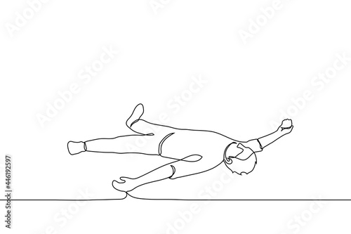 man lying on the floor on his back in a starfish (or angel) pose - one line drawing. concept of fatigue, impotence, mental or physical crisis, lying drunk