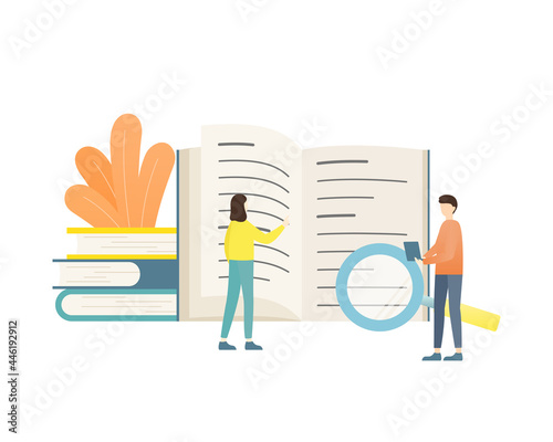 本と人物のイラスト　知識　アイディア　ビジネス　勉強　　ひらめき　学習　シンプル　男性　女性　人