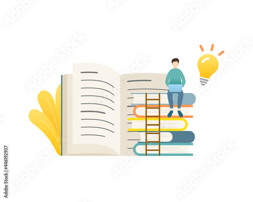 本と男性のイラスト　アイディア　ひらめき　ビジネス　勉強　知識　学習　シンプル　人　人物