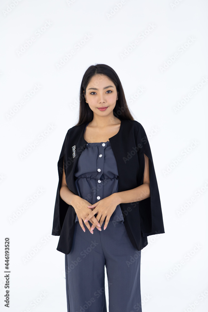 Attractive business Asian woman in home office. portrait of smiling business asian woman on white Attractive business Asian woman in home office. portrait of smiling business asian woman on white