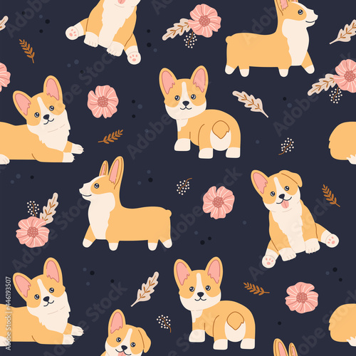 Kawaii smiling baby welsh corgi cartoon seamless pattern. Happy playful cute dog with flowers repeat blue background. Funny domestic puppy flat doodle characters. Vector hand drawn kids illustration