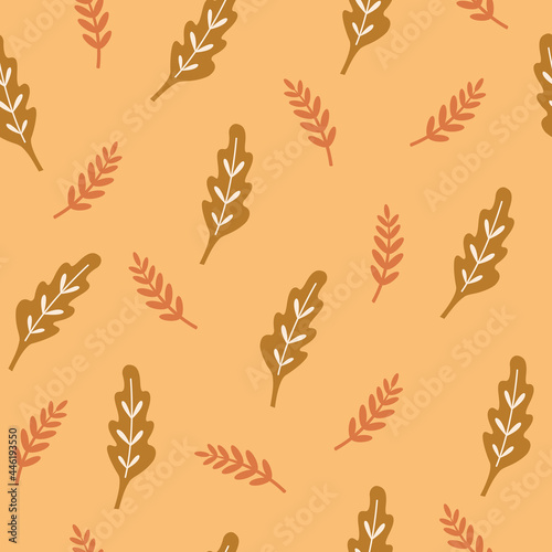 Autumn leaves seamless pattern, yellow and orange leaf simple shape, fall elements. Modern trendy vector illustration in boho style for textile, wallpaper, autumn greeting cards or scrapbooking
