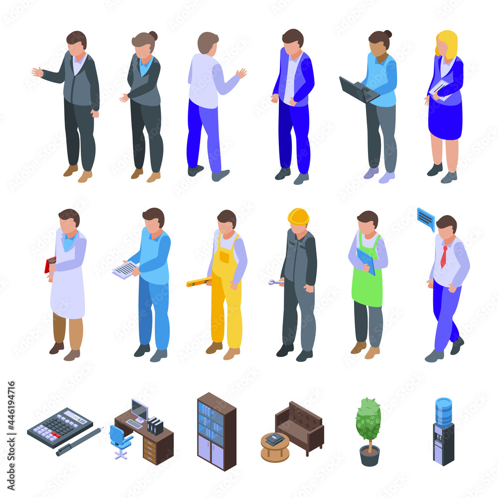 Colleague icons set isometric vector. Work space. Office desk people