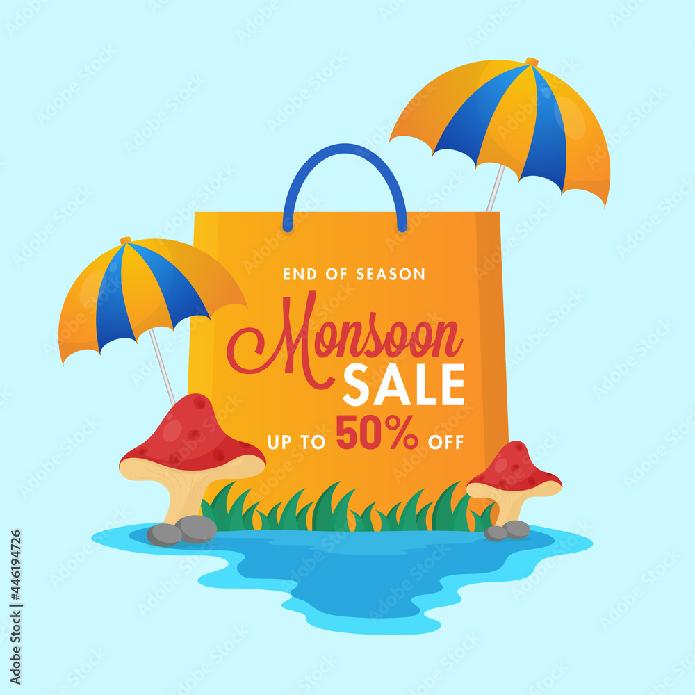 UP TO 50% Off For Monsoon Sale Poster Design With Shopping Bag And Umbrella.