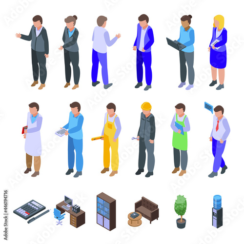Colleague icons set isometric vector. Work space. Office desk people