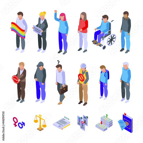 Discrimination icons set isometric vector. Police brutality. Civil rights