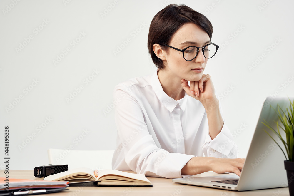 Business woman white shirt in front of laptop secretary working Business woman white shirt in front of laptop secretary working