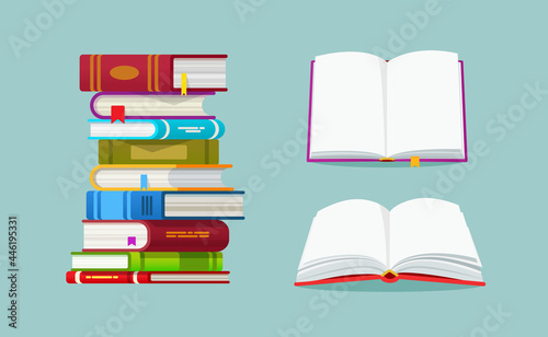 Open book with clean pages and stack of books isolated vector illustration. Academic and school knowledge, education and graduation. Reading, encyclopedia. Template for books Shop advertising