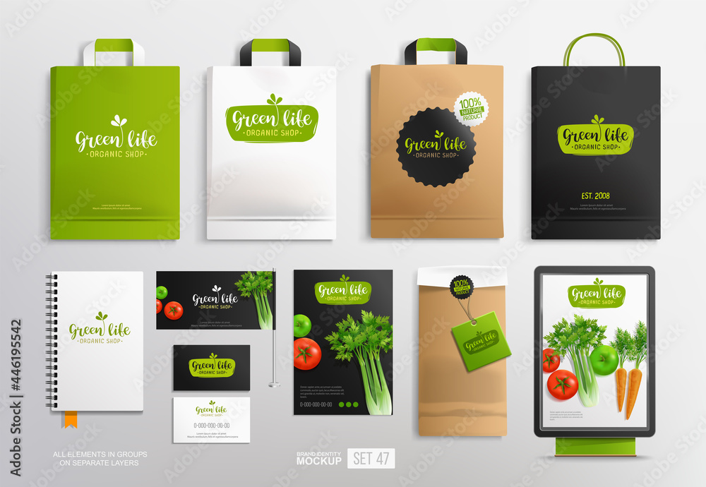 Brand identity set with Vegetal Logo for Vegan Restaurant and Organic food  shop. Vector Mockup set of paper package and shopping bag. Vegetal logo  template with vegetables and stationary Stock Vector