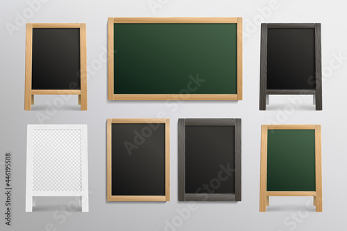 Empty green and black school chalkboard set of mockup template. Blackboard and Wooden Frame Chalkboard blank mockup for street menu sings and outdoor display