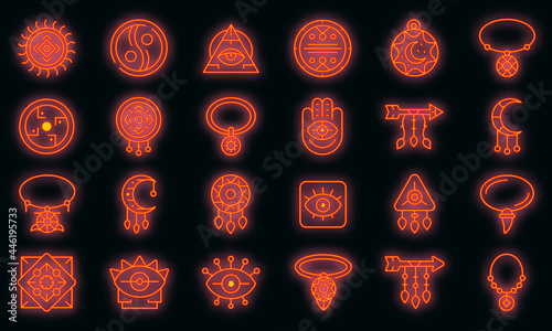 Amulet icons set. Outline set of amulet vector icons neon color on black