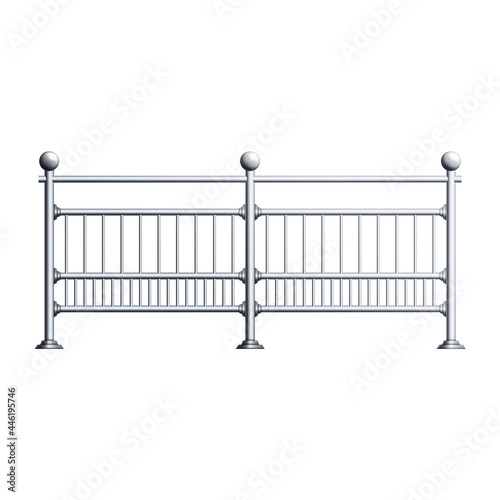 Steel Chrome Railing Exterior Construction Vector. Elegant Stainless Railing, Balcony Or Urban Avenue Fencing, Metal Material Handrail. Iron Fence Template Realistic 3d Illustration