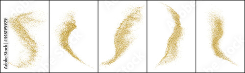 Set of Gold Glitter Texture Isolated On White. Amber Color Sequins. Stardust Background. Golden Explosion Of Confetti. Vector Illustration, Eps 10.