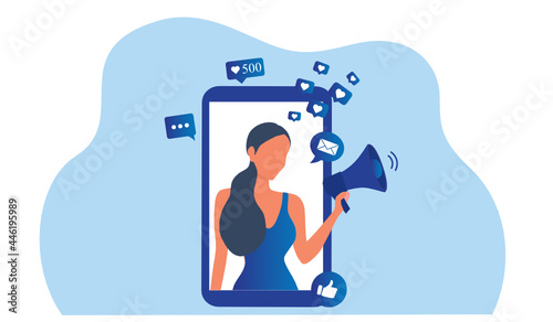 Beautiful woman shouting in loud speaker with social media icons. Influencer social media marketing concept and blogger vector illustration