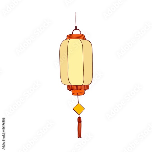 Festive Chinese paper lantern. Street lamp with glowing candle light in China. Asian holiday decor with fringe and loop, hanging on string. Drawn vector illustration isolated on white background