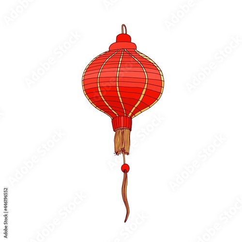 Festive Chinese paper lantern. Red round-shaped street lamp with bead and fringe in China. Tanglung, Asian holiday decoration, hanging on string. Drawn vector illustration isolated on white background