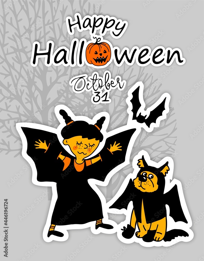 Happy Halloween. A greeting card. Cute Cartoon characters. Funny little children in colorful costumes. Flat Illustration