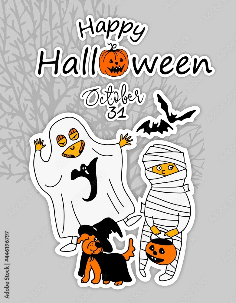 Obraz premium Happy Halloween. A greeting card. Cute Cartoon characters. Funny little children in colorful costumes. Flat Illustration